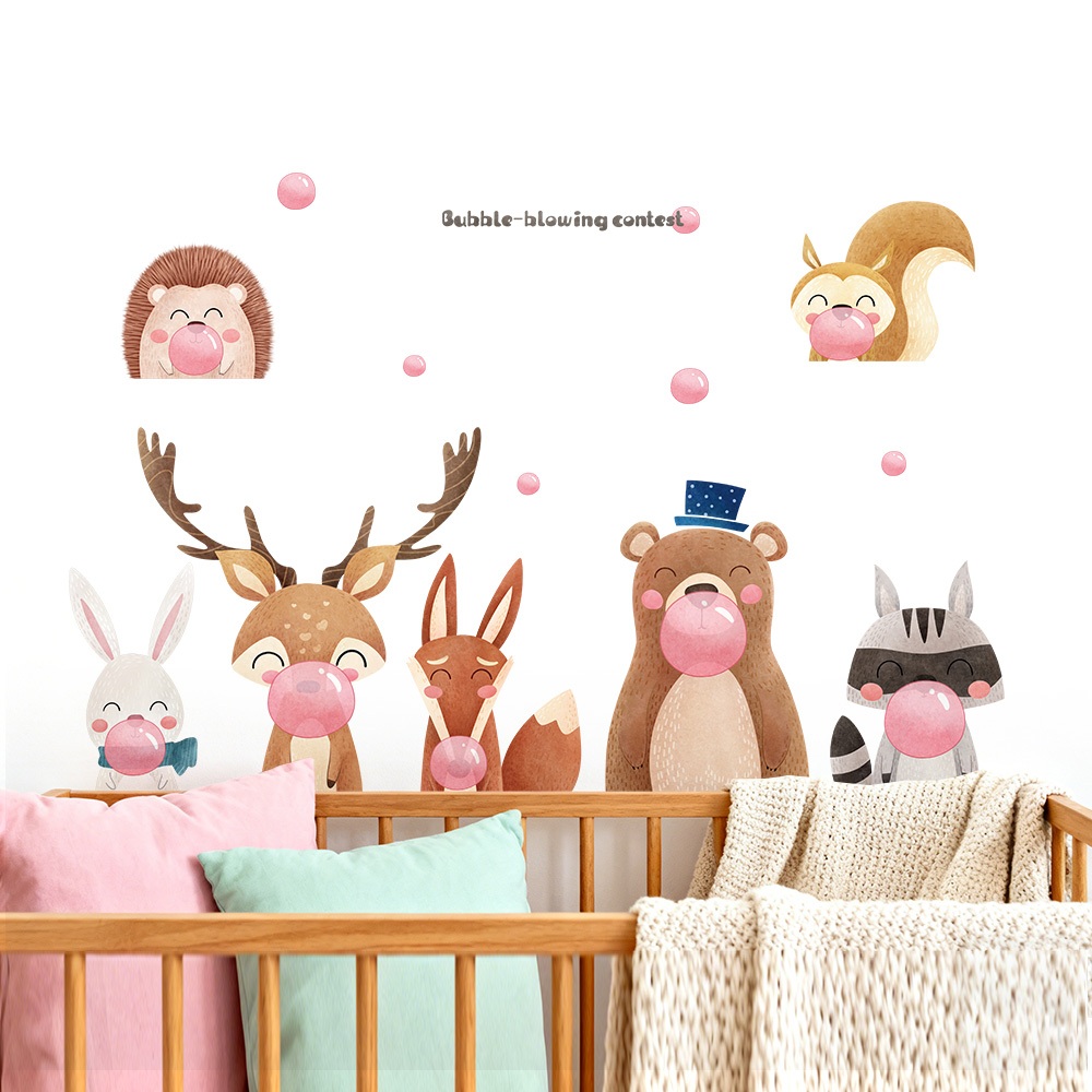 Decal Dán Tường Động Vật Thổi Bong Bóng Có Keo Sẵn 154x47cm - Trang Trí Phòng Cho Bé