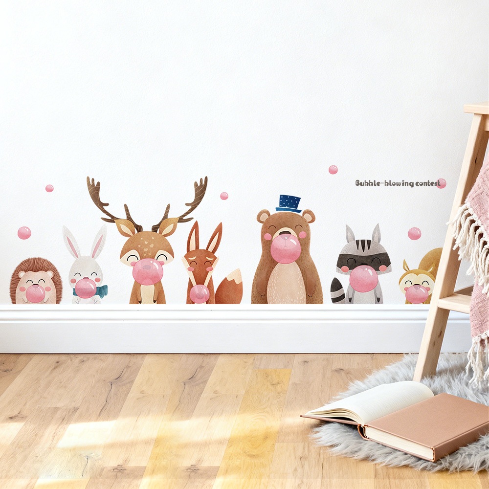 Decal Dán Tường Động Vật Thổi Bong Bóng Có Keo Sẵn 154x47cm - Trang Trí Phòng Cho Bé