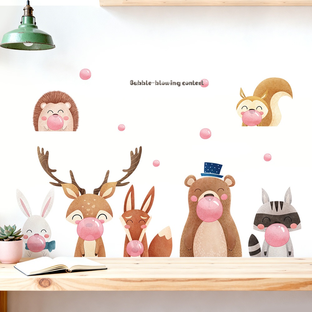 Decal Dán Tường Động Vật Thổi Bong Bóng Có Keo Sẵn 154x47cm - Trang Trí Phòng Cho Bé