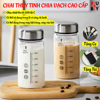 Bình thủy tinh chia vạch Ruby , Chịu nhiệt tốt , có lọc chặn trà , tặng kèm túi vải , và cọ rửa bình