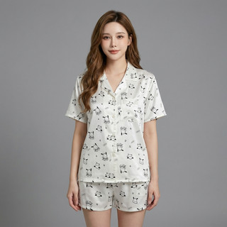 Bộ Đồ Ngủ Nữ Pijama Lụa Cước Ánh Kim Mềm Mát Họa Tiết Gấu Cute Áo Cổ Vest Quần Short Cao Cấp Thời Trang Nữ [XOP MOI]