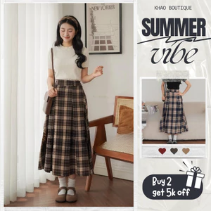Chân váy xoè caro dáng dài xếp ly eo chun khóa thanh lịch vintage cá tính | Khao Boutique