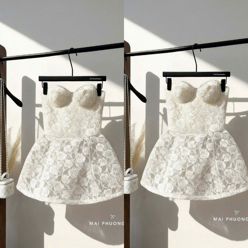 ZIMM STORE-Váy ren trắng cúp ngực lót cao cấp thiết kế dáng xòe phồng