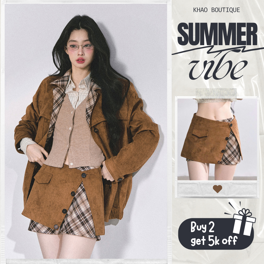 [KH23] Chân Váy Da Lộn Nâu Phối Caro Vintage Chân Váy Ngắn Xếp Tầng Giả Quần Cá Tính | KHAO Boutique