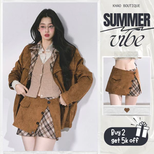 Chân Váy Da Lộn Nâu Phối Caro Vintage Chân Váy Ngắn Xếp Tầng Giả Quần Cá Tính | KHAO Boutique