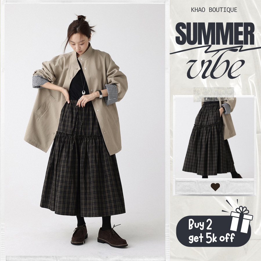 [KH16] Chân Váy Dài Caro Nâu Đen Dáng Tầng Phồng Phong Cách Vintage Thanh Lịch | KHAO BOUTIQUE