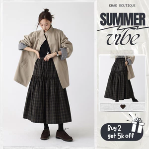 Chân Váy Dài Caro Nâu Đen Dáng Tầng Phồng Phong Cách Vintage Thanh Lịch | KHAO BOUTIQUE