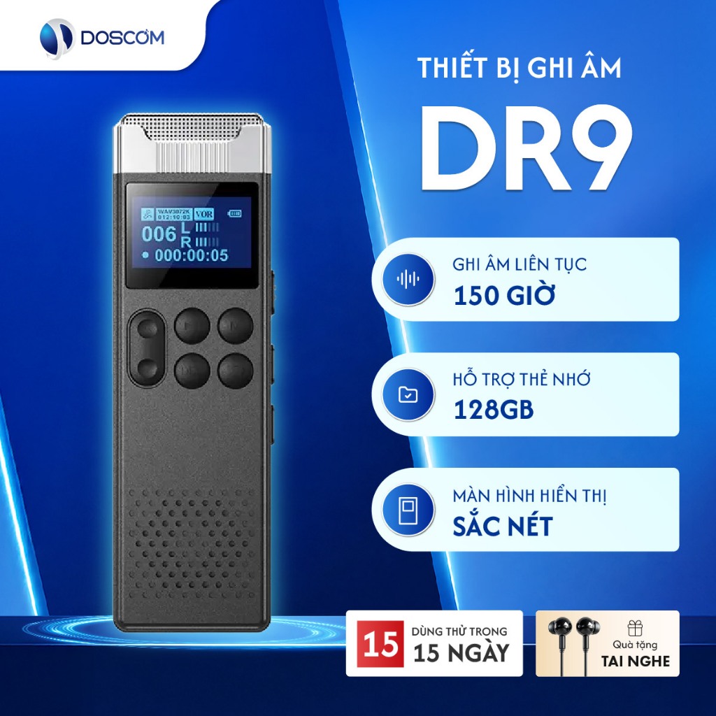 Máy Ghi Âm Siêu Lọc Âm Doscom DR9 Thiết Kế Hợp Kim Bền Bỉ Tích Hợp AI Nhận Diện Giọng Nói