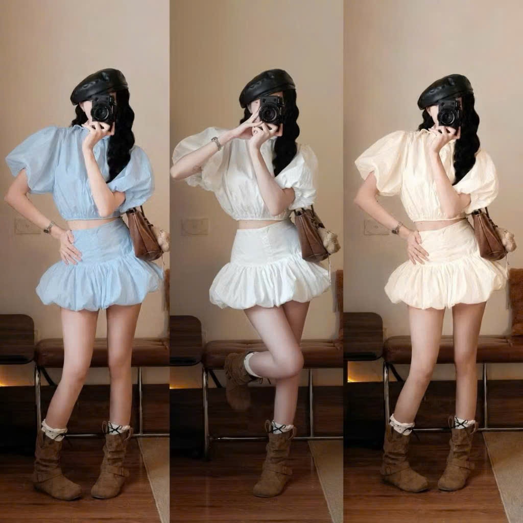 Set Áo Sơ Mi Nữ Tay Bồng Croptop Kèm Chân Váy Bí Cạp Chun Xinh Xắn Đi Chơi Joolate 1857