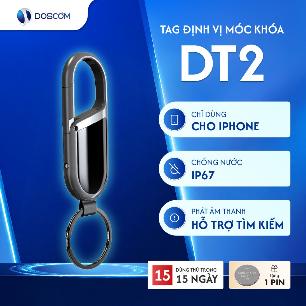 Định Vị Siêu Nhỏ Không Cần Sim Cho iPhone, Doscom Tag DT2, Gắn Chìa Khóa/Túi/Ví , Pin 365 ngày