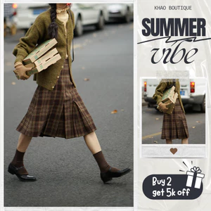 Chân váy midi kẻ caro xếp li vạt to cạp cao màu nâu cổ điển kiểu Pháp Scotland | KHAO BOUTIQUE