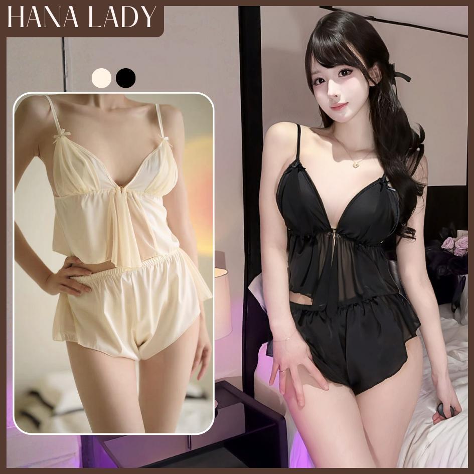Đồ Ngủ Nữ Cao Cấp - Bộ Ngủ Lụa 2 Dây Xẻ Tà Phối Ren Form Ngắn HanaLady - VN585
