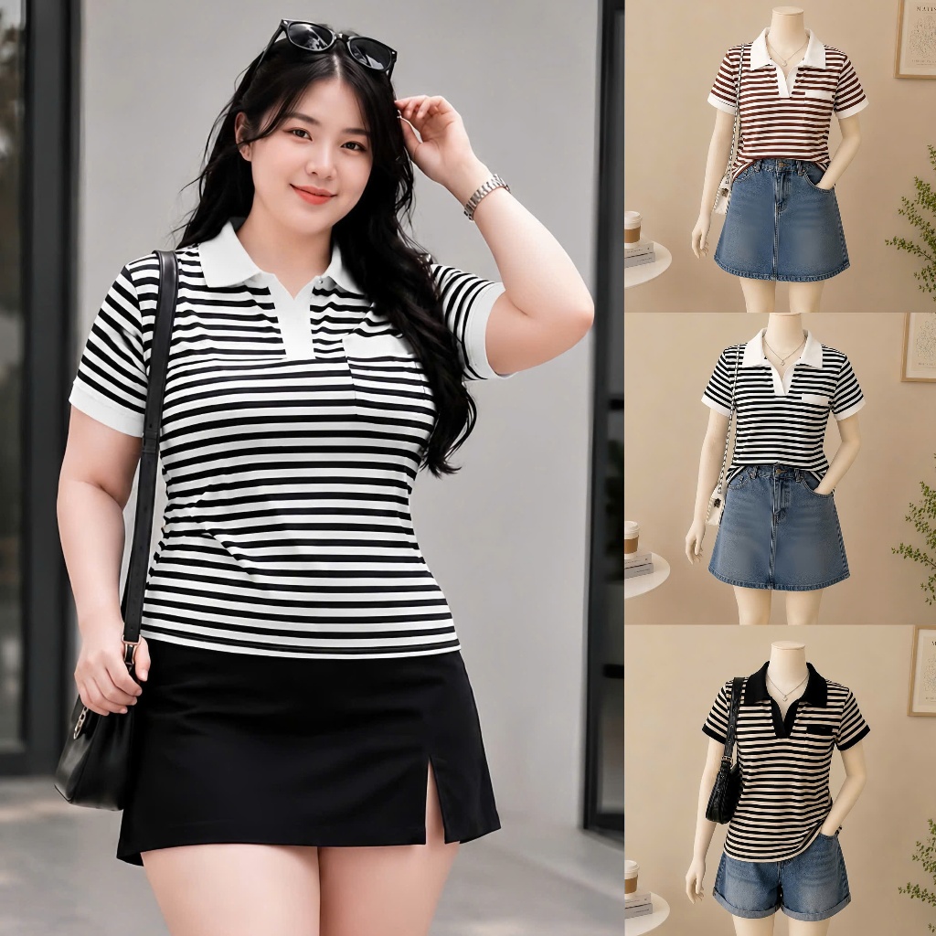 Áo cộc tay kẻ sọc cổ bẻ Bigsize(58kg-95kg) Ulzzang Chất Thun Gân Tăm Loại 1 - Ảnh thật cận chất