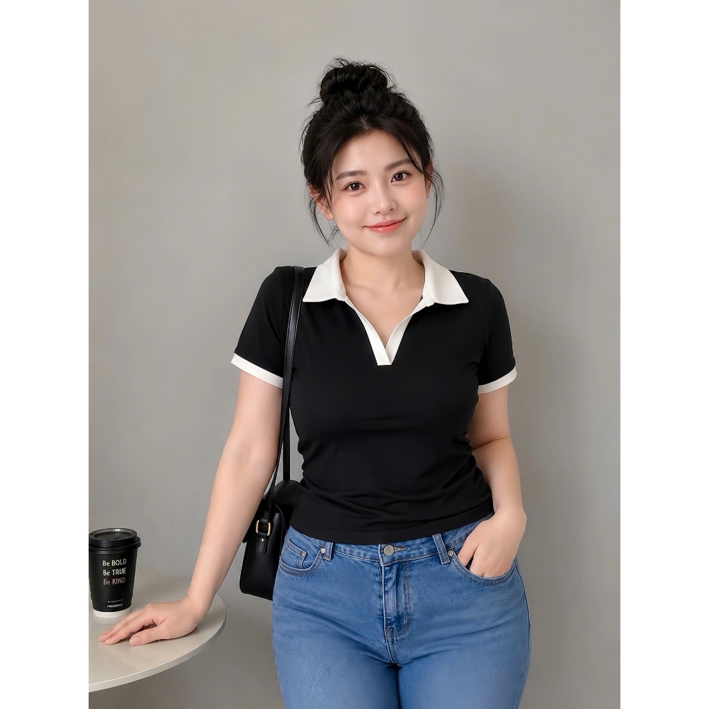 Áo Thun Kiểu Croptop Bigsize Cổ Đức,Áo Thun Cổ Bẻ Big Size Chất Thun Borib Cao Cấp A41