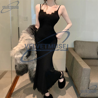 VM-Đầm maxi đuôi cá phối ren, dây đeo, ôm eo, dáng dài cho nữ mùa hè.