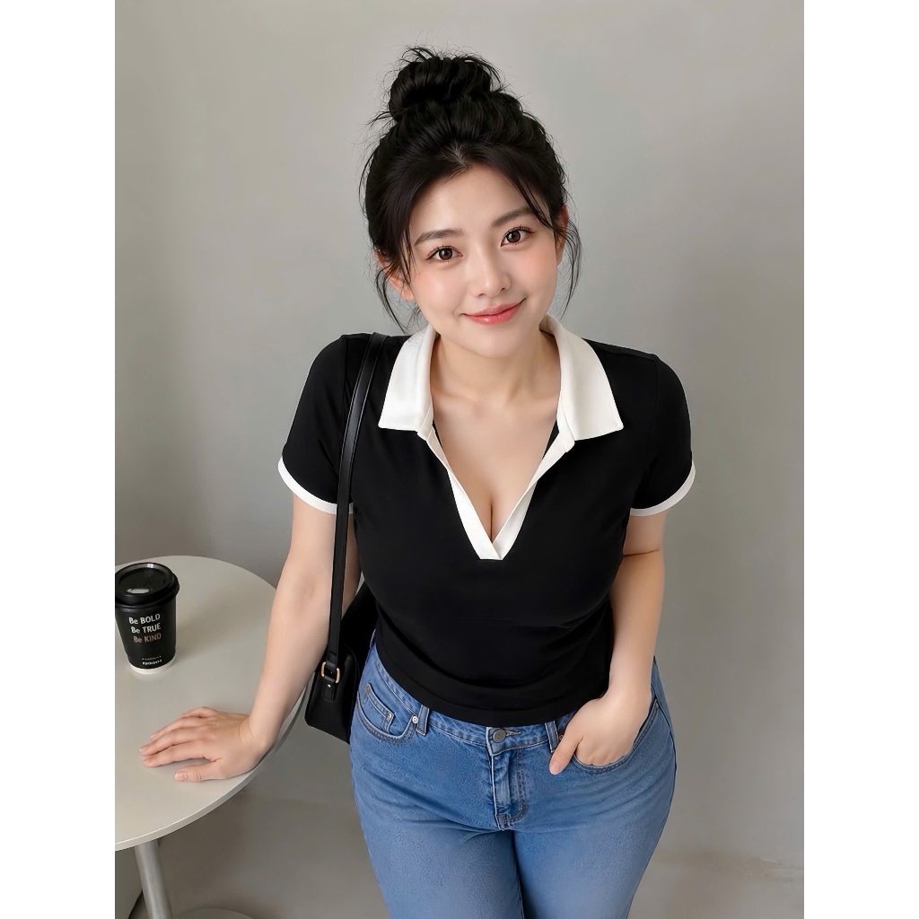 Áo Thun Kiểu Croptop Bigsize Cổ Đức,Áo Thun Cổ Bẻ Big Size Chất Thun Borib Cao Cấp A41