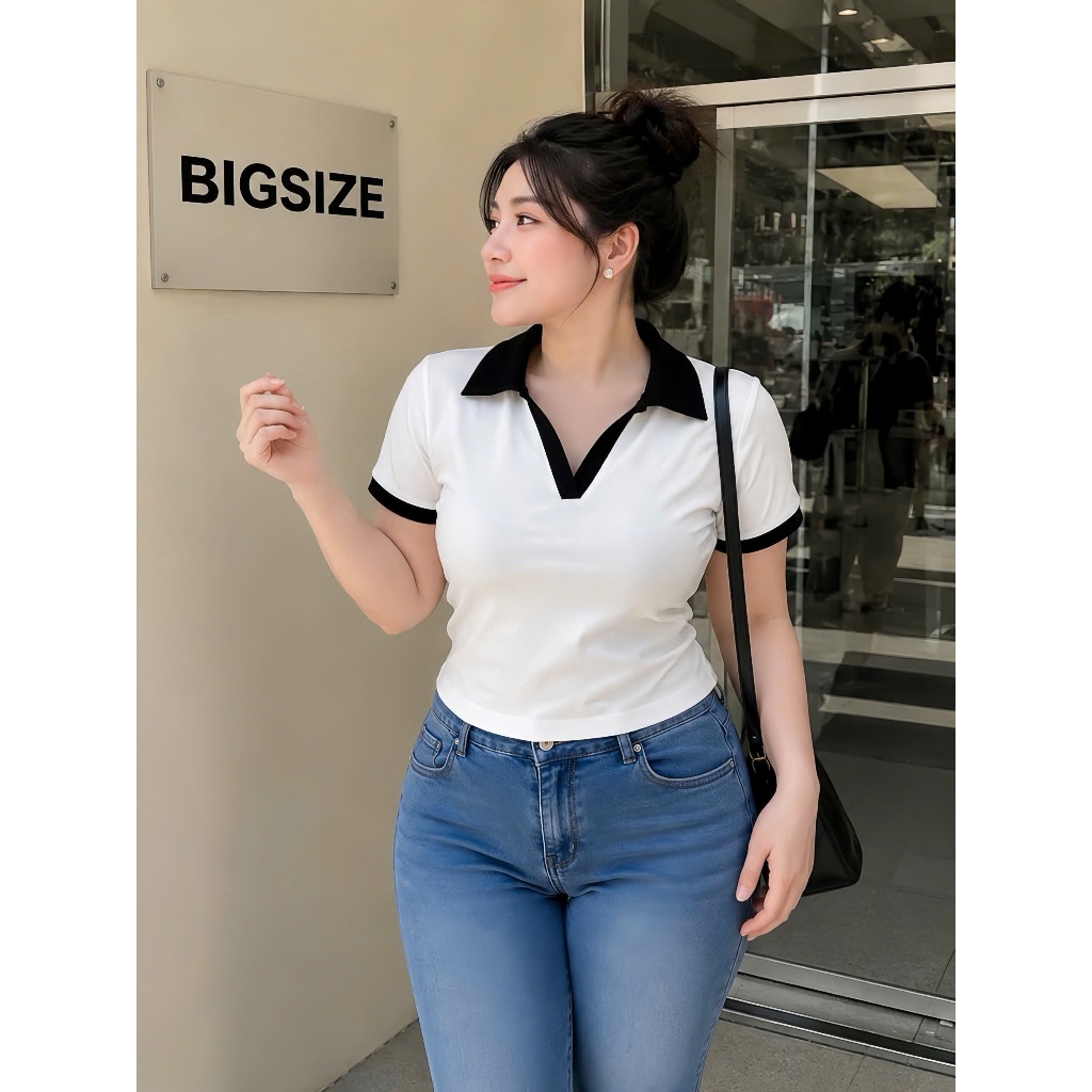 Áo Thun Kiểu Croptop Bigsize Cổ Đức,Áo Thun Cổ Bẻ Big Size Chất Thun Borib Cao Cấp A41