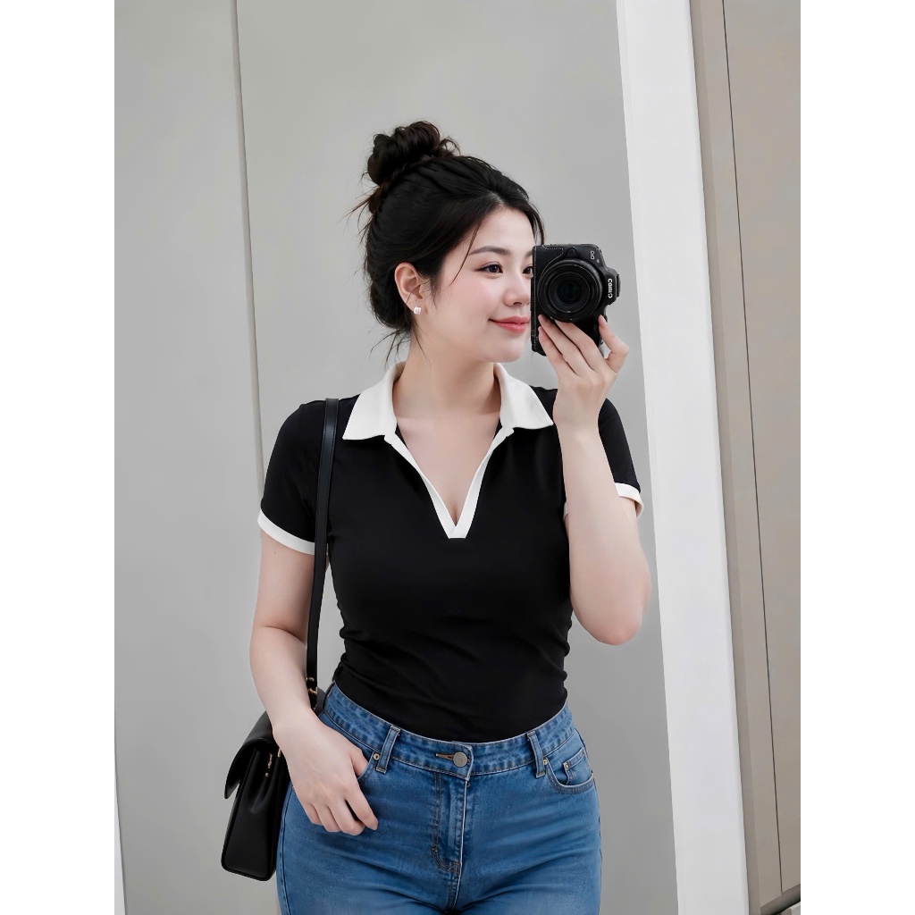 Áo Thun Kiểu Croptop Bigsize Cổ Đức,Áo Thun Cổ Bẻ Big Size Chất Thun Borib Cao Cấp A41