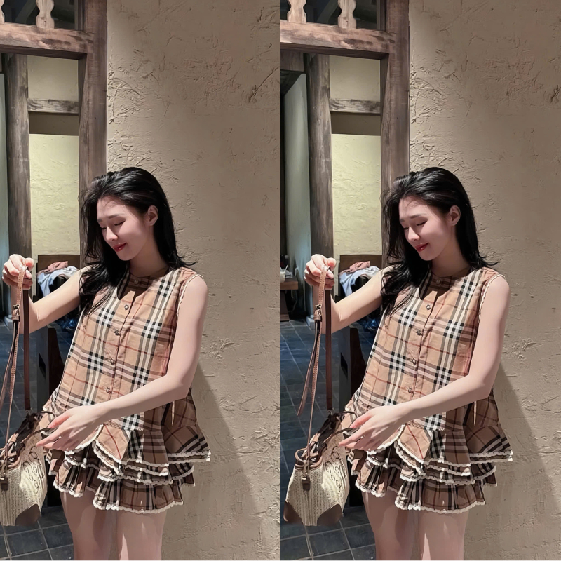 ZIMM STORE-Đầm kẻ caro nâu be phối ren trắng chân váy tầng