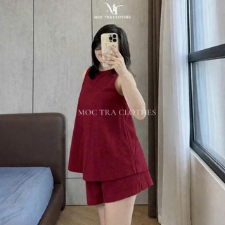Set bộ sát nách đỏ Loại 1 thiết kế vintage mặc nhà đi chơi trẻ đẹp, Set đồ nữ mặc nhà ba lỗ trẻ trung