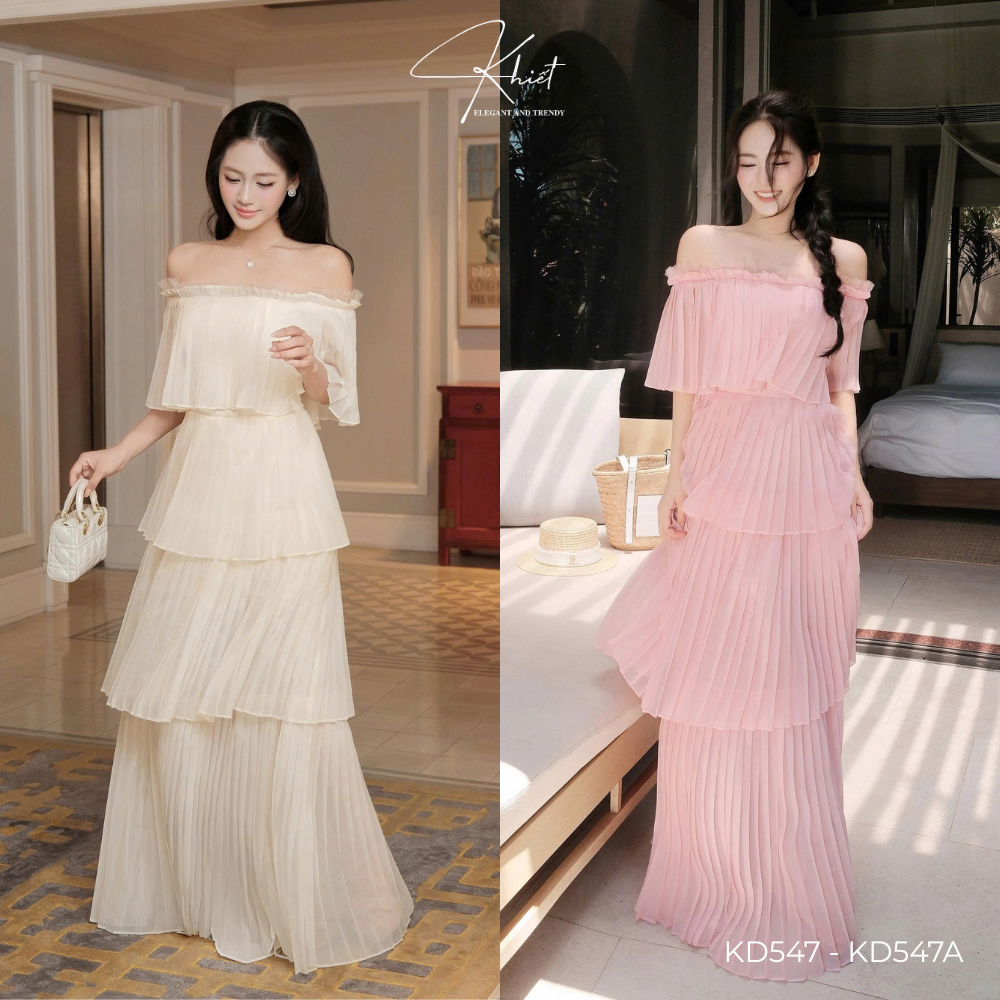 Đầm dài maxi trễ vai tơ nữ hoàng dập ly phong cách bay bổng nhẹ nhàng Khiết KD547 KD547A