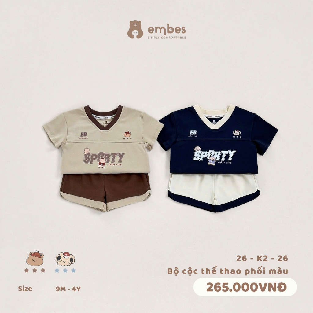 Bộ Cộc Cho Bé Embes, Bộ Cộc Tay In Hình "SPORTY" Cổ Chữ V Dáng Thể Thao Cho Bé Trai Bé Gái Từ 8-17Kg
