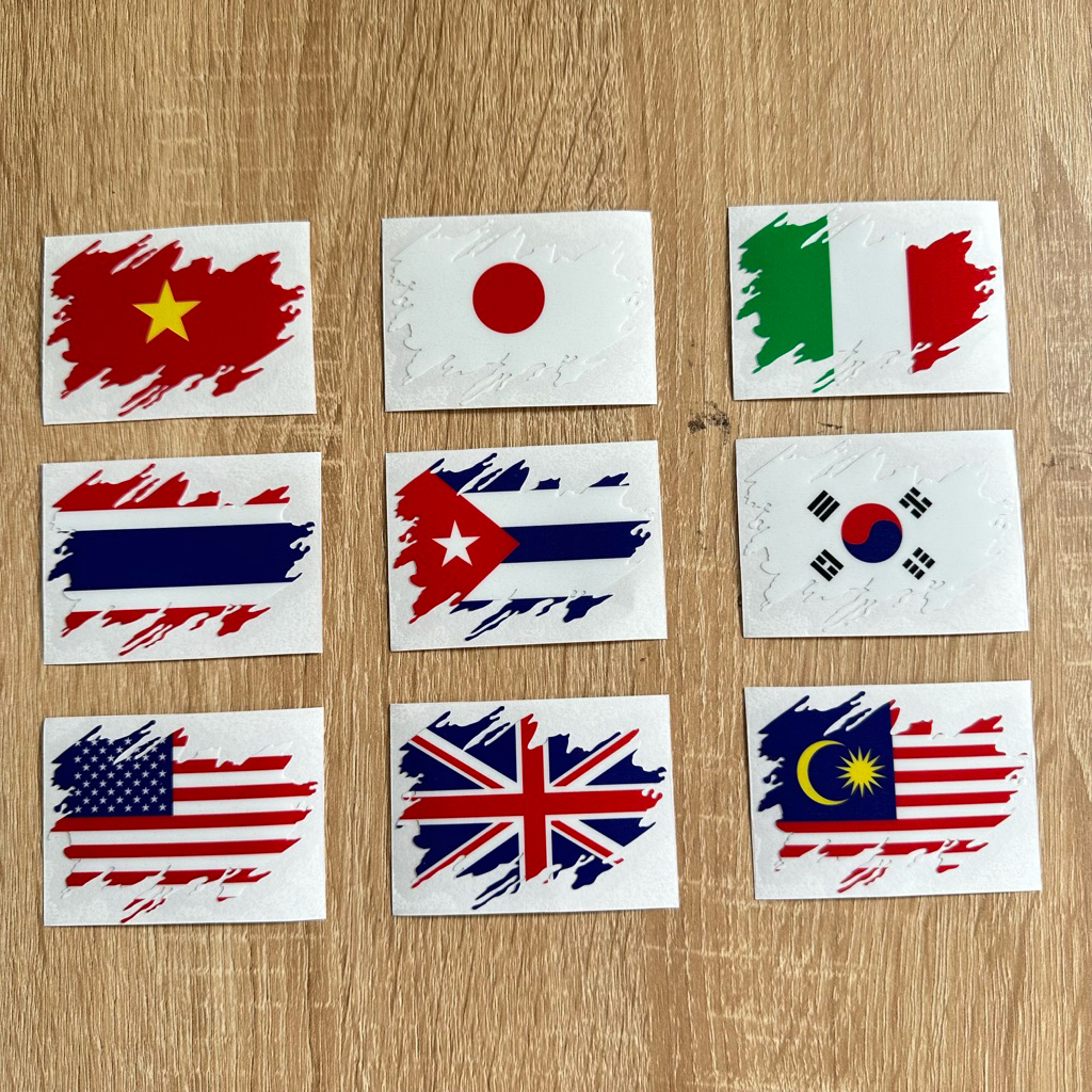 01 TEM LÁ CỜ. Nhiều kích thước. Decal sticker hình dán. Việt Nam, Thái Lan, Hàn, Nhật, Mỹ, Anh, Malaysia, Cuba, Ý