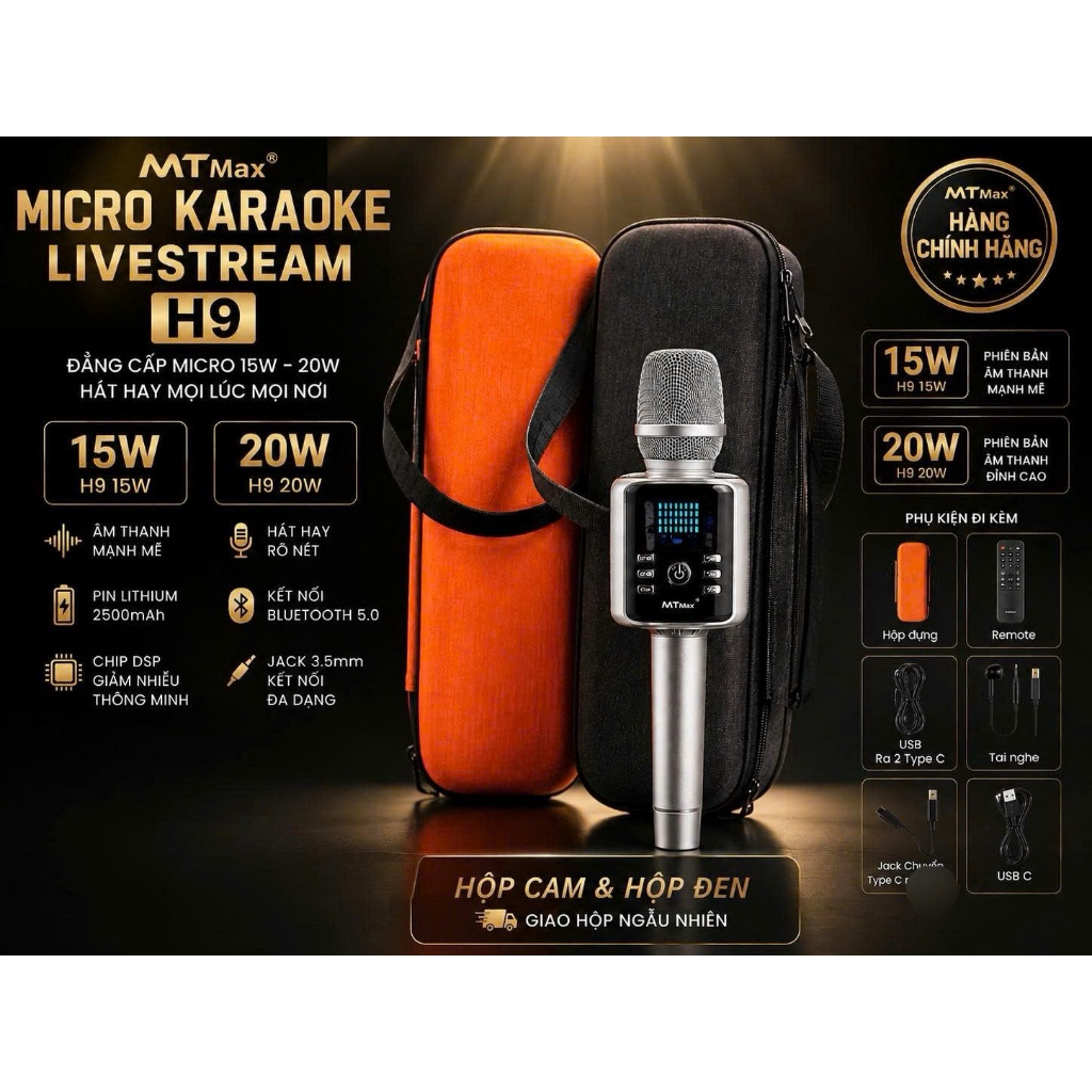 Tặng Hộp Đựng ( màu ngẫu nhiên ) Micro Karaoke Livestream H9 Pro MTMAX 20W Hát Cực Hay