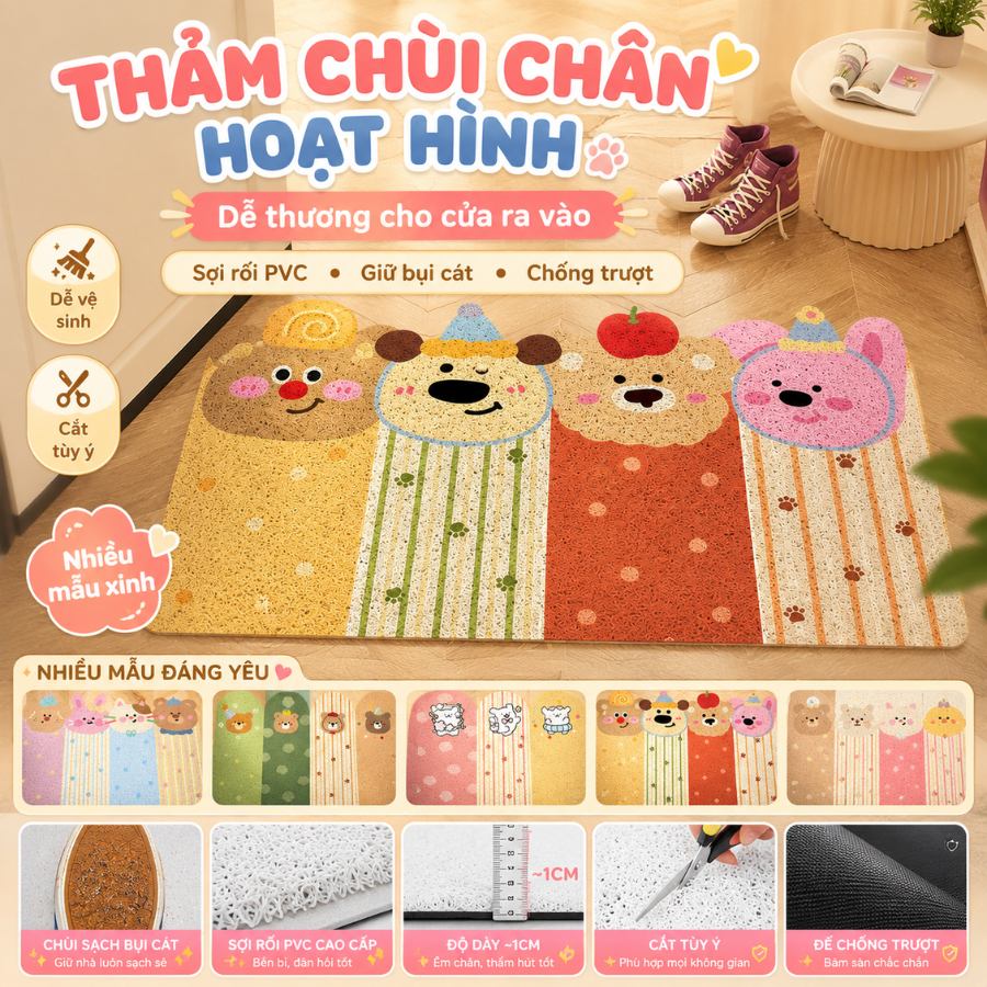 Thảm Chùi Chân Hoạt Hình Sợi Rối PVC Chống Trượt, Thảm Cửa Ra Vào Giữ Bụi Cát Dễ Vệ Sinh 40*60