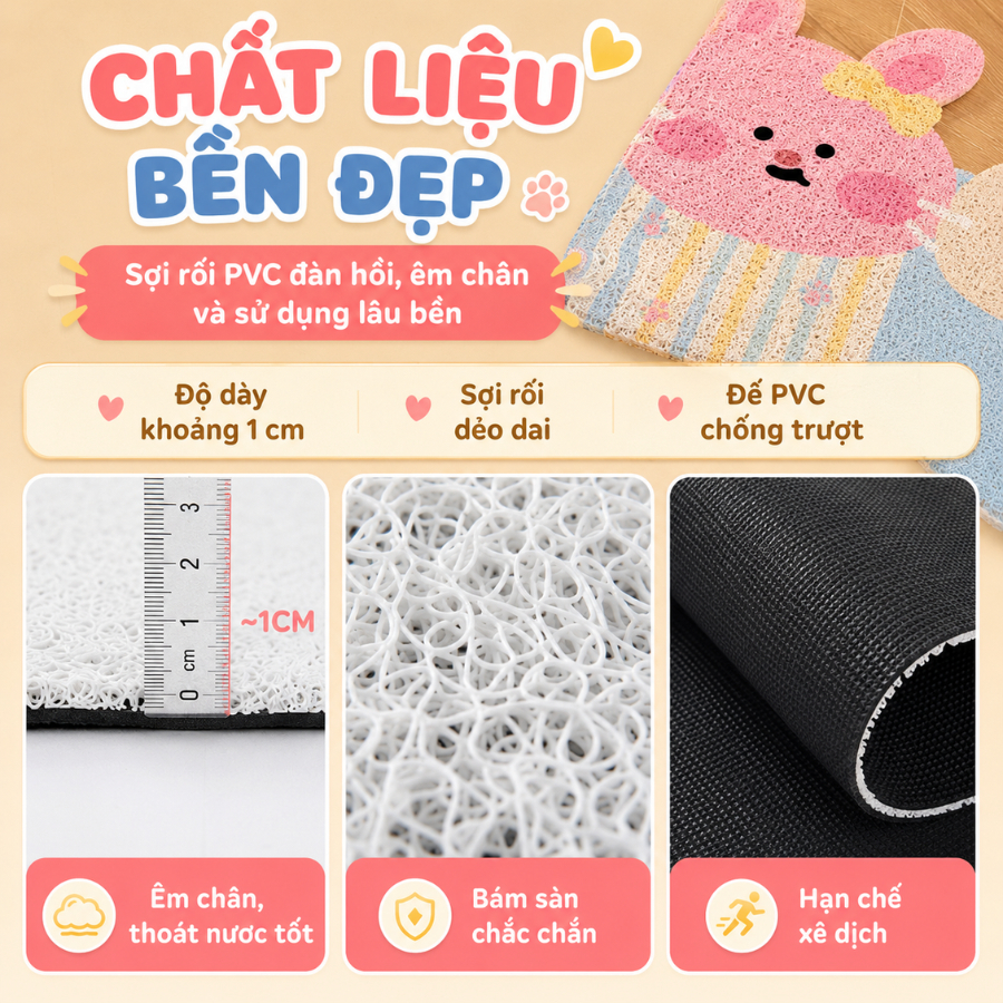 Thảm Chùi Chân Hoạt Hình Sợi Rối PVC Chống Trượt, Thảm Cửa Ra Vào Giữ Bụi Cát Dễ Vệ Sinh 40*60