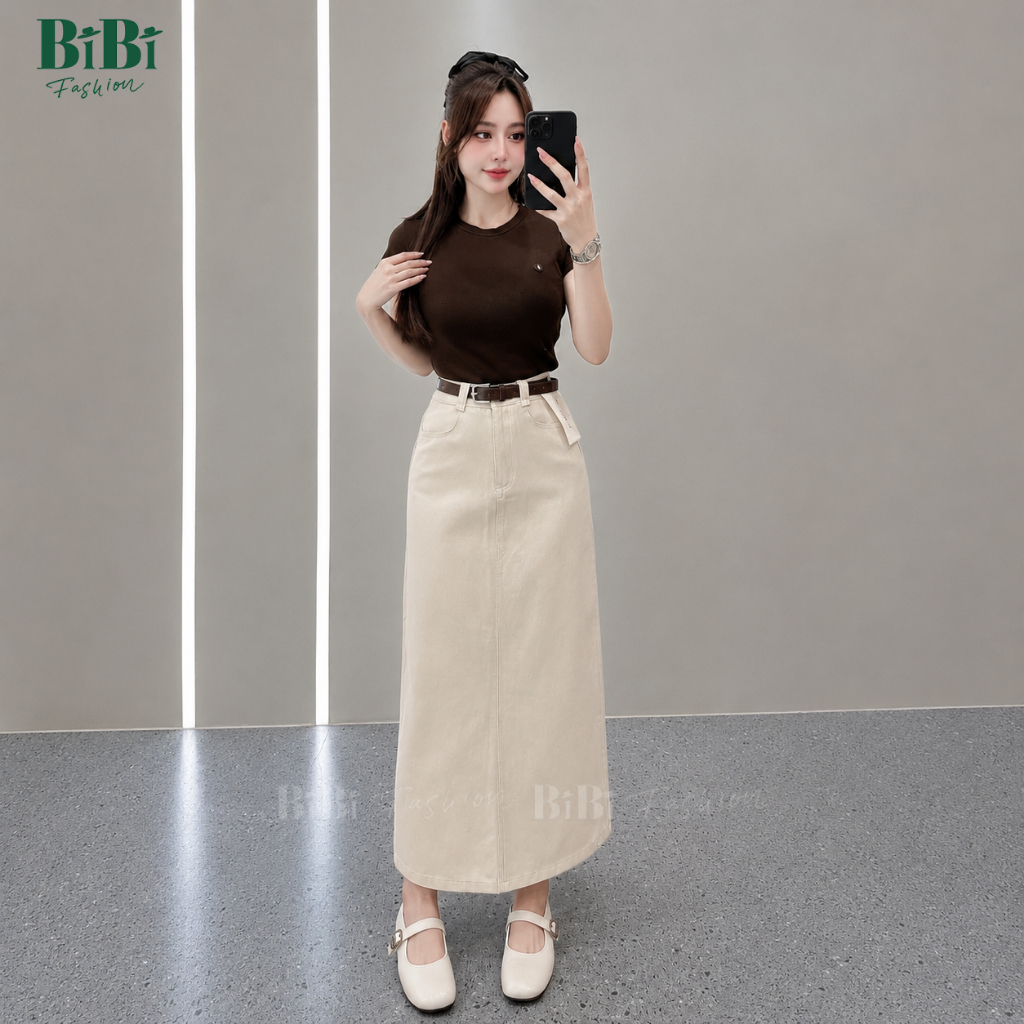 (Tặng đai) Chân váy Kaki Nhật L1 chữ A Công sở cạp cao dáng dài 86cm mềm mịn co giãn nhẹ xẻ tà sau BiBi Fashion