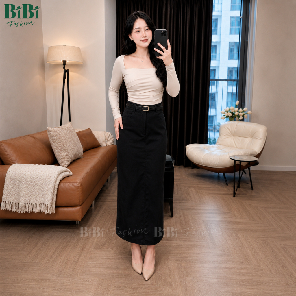 (Tặng đai) Chân váy Kaki Nhật L1 chữ A Công sở cạp cao dáng dài 86cm mềm mịn co giãn nhẹ xẻ tà sau BiBi Fashion