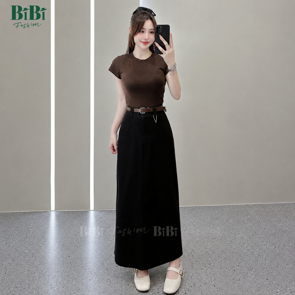 (Tặng đai) Chân váy Kaki Nhật L1 chữ A Công sở cạp cao dáng dài 86cm mềm mịn co giãn nhẹ xẻ tà sau BiBi Fashion