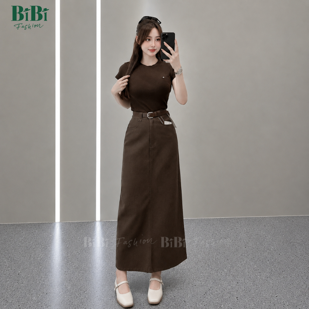 (Tặng đai) Chân váy Kaki Nhật L1 chữ A Công sở cạp cao dáng dài 86cm mềm mịn co giãn nhẹ xẻ tà sau BiBi Fashion