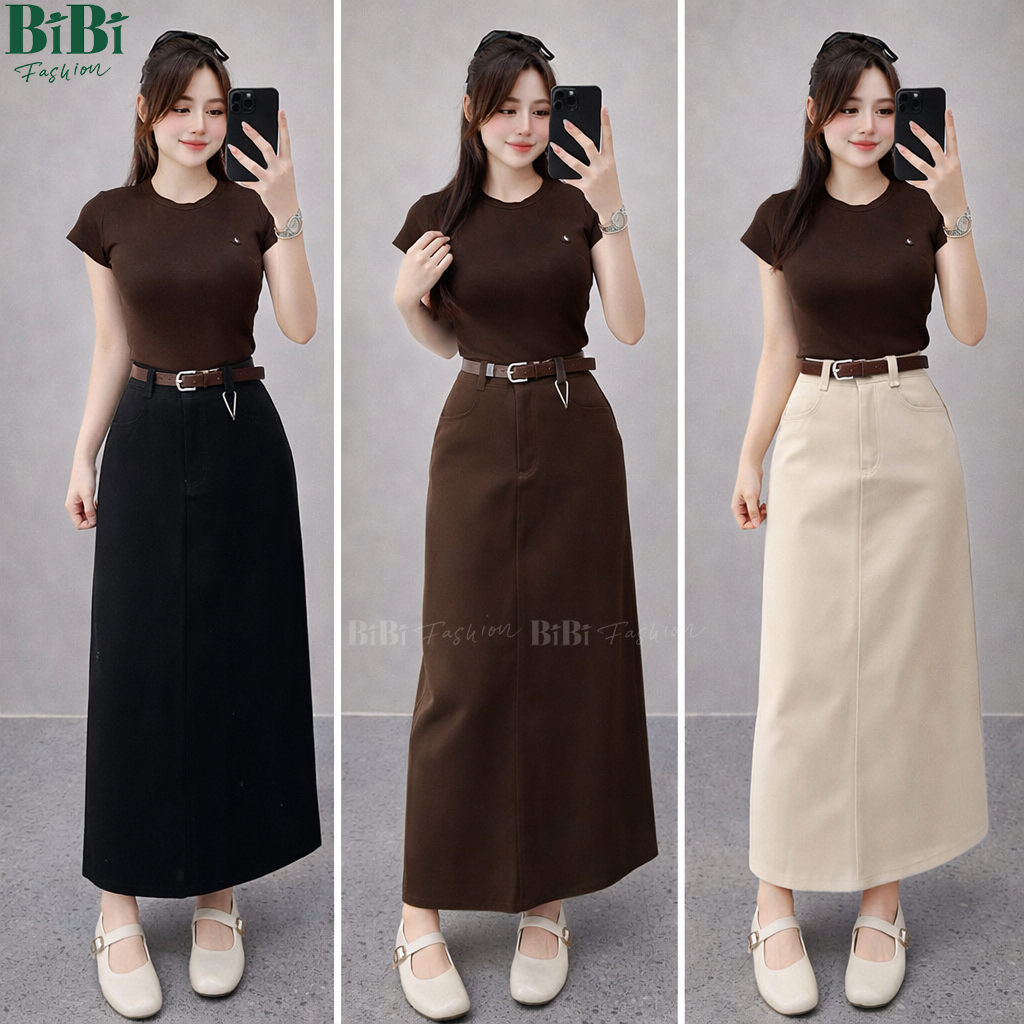 (Tặng đai) Chân váy Kaki Nhật L1 chữ A Công sở cạp cao dáng dài 86cm mềm mịn co giãn nhẹ xẻ tà sau BiBi Fashion