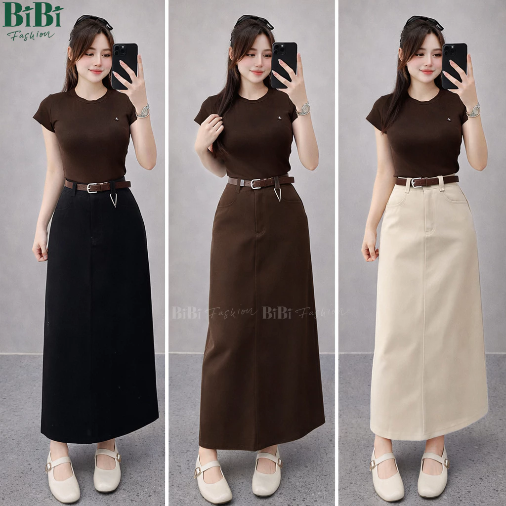 (Tặng đai) Chân váy Kaki Nhật L1 chữ A Công sở cạp cao dáng dài 86cm mềm mịn co giãn nhẹ xẻ tà sau BiBi Fashion