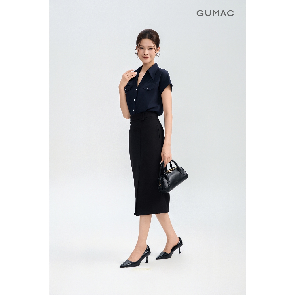 Chân Váy Nữ GUMAC Form Suông Xẻ Tà Túi Kiểu Vải Cotton Chéo Hiện Đại VG05030