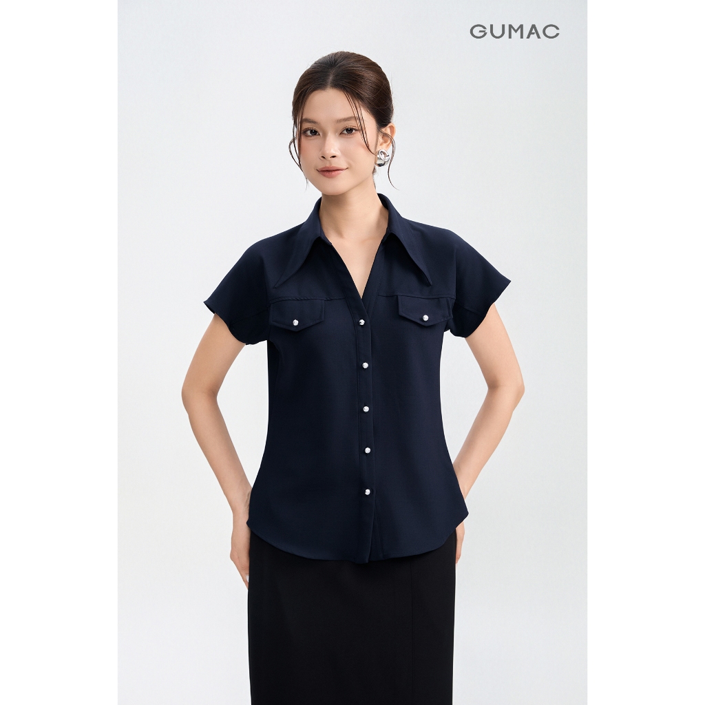 Áo Sơ Mi Nữ Tay Ngắn GUMAC Cổ Xẻ V Túi Nắp Nút Kim Loại Lụa Rũ Cao Cấp AG05013