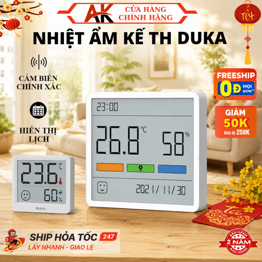 Nhiệt Ẩm Kế TH1 Duka Hiển Thị Ngày Giờ, Nhiệt Độ Môi Trường, Độ Ẩm Chính Xác Bảo Hành 24 Tháng