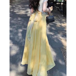 Set áo trắng chân váy tơ vàng Loại 1 thiết kế váy bồng bềnh dáng xoè dài tiểu thư, Set đồ nữ đi biển trẻ trung siêu xinh