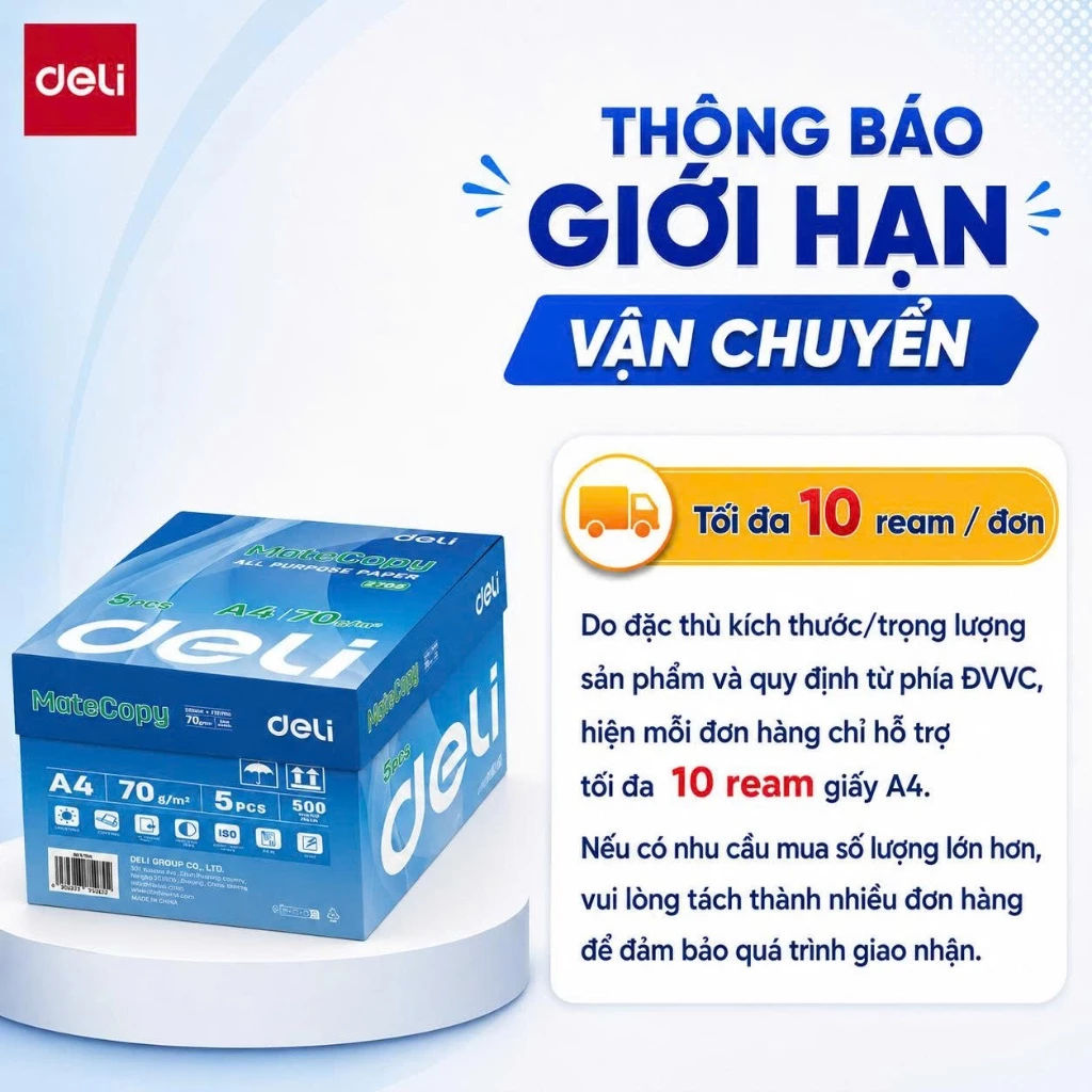 Giấy In Giấy A4 70 gsm Giấy Photo Copy Deli Chính Hãng Loại 500 tờ/ream độ dày cao, đều màu