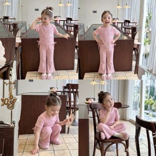 Đồ Bộ Bé Gái, Đồ Bộ Bé Gái Thiết Kế Áo Rút Eo Kèm Quần Ống Loe Chất Liệu Thun Co Giãn Mát Mẻ