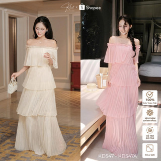 Đầm dài maxi trễ vai tơ nữ hoàng dập ly phong cách bay bổng nhẹ nhàng Khiết KD547 KD547A