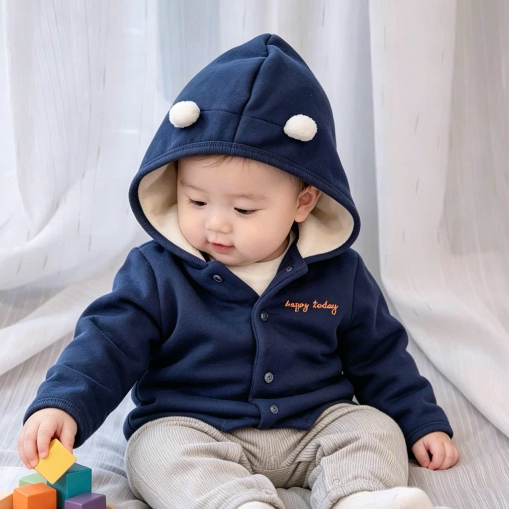 Áo Khoác Bé Trai Bé Gái C2958 Unisex Lót Lông Cừu Có Mũ Giữ Ấm Mềm Mại Size 1-36M(bé mũm mĩm lấy tăng size)