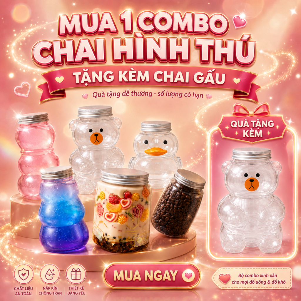 Combo 25 Chai Hình Thú 500ml Kèm Nắp Nhôm – Chai Nhựa PET Đựng Trà Sữa, Nước Ép, Detox Siêu Cute