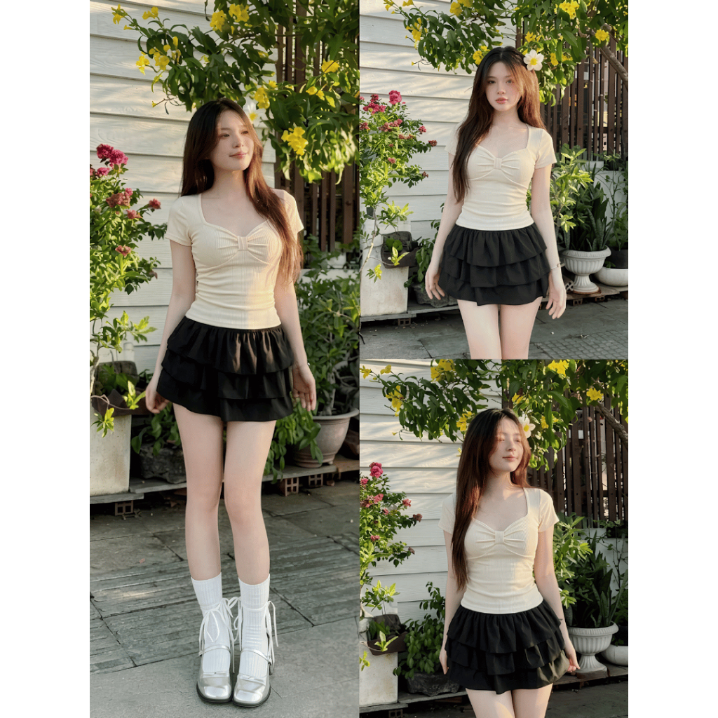 Áo Thun Nữ Nơ Ngực Cổ Vuông Bigsize ESHOP MS611 – Thun Tăm Co Giãn, Form Ôm Tôn Dáng 45-85kg