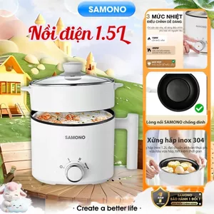 Nồi điện đa năng Samono SW-DG04S lẩu điện 1.5L chống dính, 3 mức nhiệt 150W &450W & hotpot, kèm xửng hấp inox