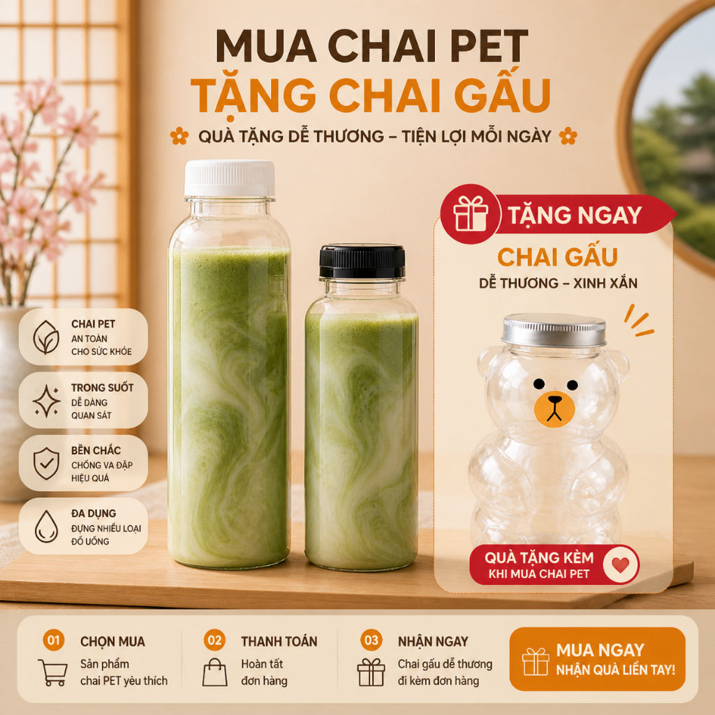 Combo 25 Chai Nhựa Tròn Ú 350ml/500ml Kèm Nắp – Chai Nhựa PET Phi 38 Đựng Nước Ép, Trà Sữa, Sữa Hạt
