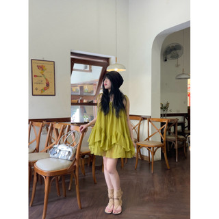 Set váy Babydoll 2 Dây Cột Nơ Bèo Tầng, kèm quần bảo hộ Dễ Thương chất liệu tơ mềm - 005 Macaron