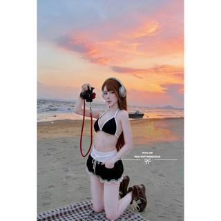 Set bikini nữ kèm choàng giấy slay phối ren đi biển a35